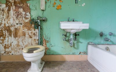 Old bathroom and toilet needs some renovation work inside Trans-Allegheny Lunatic Asylum in Weston, West Virginia, USA